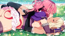 2girls alice_(sakura_maid) ass blonde_hair closed_eyes female female_only inma kissing multiple_girls on_ground outside partially_clothed pink_hair sakura_maid_2 sena_(sakura_maid) winged_cloud yuri