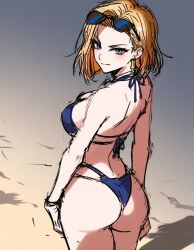ai_assisted ai_generated android android_18 ass beach beach_background bikini dragon_ball dragon_ball_super dragon_ball_z feet lewd looking_at_viewer nay_juno seductive seductive_look seductive_smile sexy sexy_pose sketch thighs