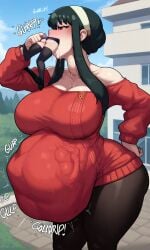 ai_generated big_ass big_belly big_belly_bulge big_breasts curvy huge_ass huge_breasts implied_vore mini_giantess minigirl sleepyshark spy_x_family swallowed_whole swallowing thick_thighs voluptuous vore vore_belly yor_briar yor_forger