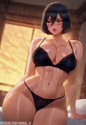 amiral_ai attack_on_titan bed bedroom black_hair black_lingerie blush hourglass_figure huge_breasts huge_thighs lingerie looking_down mikasa_ackerman one_arm_behind_back red_lips short_hair standing thick_thighs voluptuous