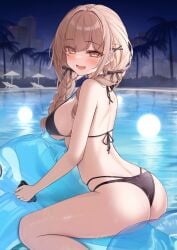 amber_eyes ass bikini blush breasts cute_fang female imouto-chan_(monaka_curl) large_breasts monaka_curl pool pool_toy swimsuit thong twin_braids wet