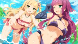 2girls arisa_moegihara bikini blonde_hair breasts cyan_eyes female female_only green_eyes in_water kaguya_setsuna magenta_hair multiple_girls one_eye_closed outside sakura_nova wanaca winged_cloud