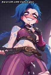 ai_generated belly belly_button belt blue_hair blush braid breasts choker clothed covered_in_cum cum cum_on_face genital_fluids gesugao jinx_(league_of_legends) league_of_legends long_hair looking_at_viewer patreon purple_eyes riot_games ripped_clothing slim_waist smiling smiling_at_viewer solo tattoo torn_clothes twin_braids vanstyler very_long_hair