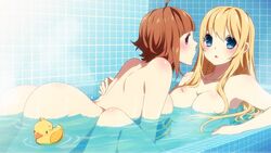 2girls ass bath blonde_hair blue_eyes breasts brown_hair convenient_censoring female female_only inma looking_at_viewer momoko_(sakura_beach) nene_(sakura_beach_2) no_nipples rubber_duck sakura_beach_2 winged_cloud yuri