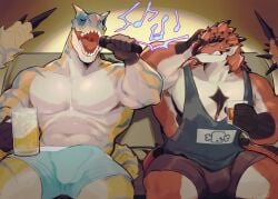 alcohol anthro beer beverage biped capcom closed_eyes clothed clothing container cup duo erection erection_under_clothing hi_res holding_container holding_cup holding_mug holding_object k0bit0wani male monster_hunter mug multicolored_body muscular open_mouth red_body scalie sitting teeth topless white_body yellow_body