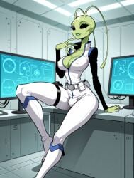 1futa 1girls against_table ai_generated alien alien_girl alien_humanoid antennae_(anatomy) arm_support bald belt black_eyes black_sleeves blue_trim bodysuit bulge cleavage clothed covered_nipples earless eyelashes futanari green_lips green_skin gynomorph high_collar high_heel_boots high_heels holster holstered_weapon indoors jimojo knee_boots large_breasts leaning leaning_back leg_up light_smile long_sleeves multicolored_clothing narrow_waist no_ears no_nose no_pupils no_sclera noseless parted_lips science_fiction solid_eyes solo stable_diffusion standing thigh_holster utility_belt white_bodysuit