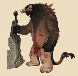 2025 2_horns 2_tails 3_toes anthro balls big_sword black_body black_fur brown_penis colored_nails facial_piercing feet fingernails fist flaccid full-length_portrait fur genital_piercing genitals hi_res holding_melee_weapon holding_object holding_sword holding_weapon horn hybrid male melee_weapon multi_tail nails nose_piercing nose_ring nude nude_anthro nude_male orange_nails penis penis_piercing piercing portrait prince_albert_piercing pubes ring_piercing roamingthrough scar sharp_teeth simple_background solo spikes spikes_(anatomy) standing sword tail teeth toenails toes unknown_species weapon white_background