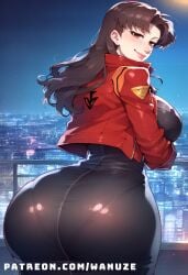 ai_generated big_ass big_breasts big_butt big_thighs black_dress blush brown_eyes brown_hair city city_background cityscape from_behind from_behind_position huge_ass huge_breasts huge_butt huge_thighs misato_katsuragi neon_genesis_evangelion night red_jacket wanuze wide_hips