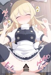 1boy absurdres apron black_skirt black_vest blonde_hair blush bow braid breasts buttons censored closed_eyes closed_mouth cropped_vest darumoon double-breasted embarrassed female frilled_skirt frills hair_between_eyes hairbow hands_up highres kirisame_marisa knees_up looking_at_viewer lying m_legs medium_breasts miniskirt no_panties on_back on_table penis pov pussy pussy_juice sex single_braid skirt solo_focus spread_legs straight table thighhighs thighs touhou translation_request upskirt vaginal_penetration vest waist_apron white_apron white_bow yellow_eyes