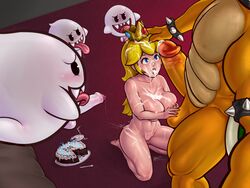 1girls 4boys after_orgasm areolae armlet ball_fondling ball_play balls barefoot big_balls birthday_cake blonde_hair blue_eyes blush boo_(mario) bowser bracelet breasts bukkake cake collarbone crown cum_covered cum_in_cleavage cum_on_arm cum_on_breasts cum_on_face cum_on_floor cum_on_hair cum_on_leg cum_on_lower_body cum_on_stomach cum_on_tongue cum_on_upper_body cumdrip curvy dessert duo_focus earrings eyelashes faceless_male feet female floating food ghost hairless_pussy hand_on_head highres hoop_earrings huge_breasts huge_cock human human_on_anthro interspecies kneeling large_breasts larger_female larger_male long_hair male mario_(series) multiple_boys muscles muscular_male nintendo nipple_piercing nipple_rings nipples nude open_mouth penis piercing princess_peach pussy scalie selfie sharp_teeth shunori size_difference smaller_female smaller_male soles spiked_armlet spiked_bracelet spirit standing straight surrounded toes tongue tongue_out uncut unseen_male_face veiny_penis very_long_hair