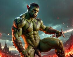 ai_generated bara big_muscle big_penis erection green_skin huge_cock male muscular_male orc orc_male orced penis sword