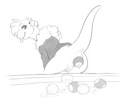 anal anthro anus aubrey_(halbean) ball billiard_ball biped bottomless bottomless_anthro bottomless_female clothed clothing female genitals halbean hi_res improvised_sex_toy mammal monochrome mustelid object_in_ass otter pussy smile solo tail tongue tongue_out