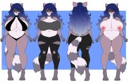 anthro big_breasts black_bottomwear black_clothing black_panties black_pants black_topwear black_underwear blue_hair bottomwear breasts clothed clothing felid female front_view fur genitals gloves_(marking) grey_body grey_clothing grey_fur grey_topwear hair hi_res huge_breasts humanoid_genitalia humanoid_pussy leg_markings long_hair looking_at_viewer mammal markings model_sheet mouth_closed navel nipples norakaru nude panties pants pussy rear_view red_nipples simple_background socks_(marking) solo striped_markings striped_tail stripes tail tail_markings topwear torn_bottomwear torn_clothing torn_pants underwear wavy_hair white_body white_fur