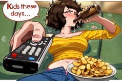 1girls 2d alcohol alcoholic_drink annoyed annoyed_expression beer belly_button big_breasts blush brown_hair color couch drinking drinking_alcohol dripping drunk female fluffy_hair guy_sipping_beer_stock_image looking_at_viewer medium_hair meme meme_reference milf neggoartz open_fly pants_unzipped persona persona_5 remote_control sadayo_kawakami sitting_on_couch tagme top tv_remote unzipped watching_tv