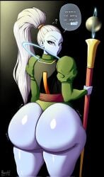 1girls alviriaart angel_(dragon_ball) ass big_ass blue_skin bottom_heavy bubble_butt clothing confusion dat_ass dialogue dragon_ball dragon_ball_super fat_ass female female_only huge_ass large_ass looking_at_viewer looking_back massive_ass oblivious ponytail question_mark solo staff text thick_ass thick_thighs vados white_hair wide_hips