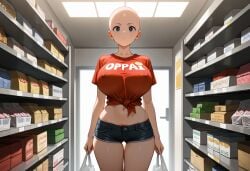 ai_generated bald bald_female carrying_bag convenience_store erect_nipples_under_clothes genderswap_(mtf) hourglass_figure navel one-punch_man oppai pubic_hair_peek rule_63 rule_63 saitama self_upload short_shorts stable_diffusion thigh_gap thin_waist tied_shirt