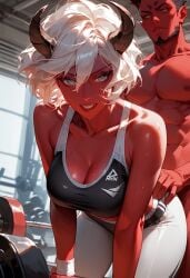 1boy ai_generated demon_horns female gym red_skin white_hair