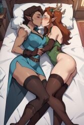 2girls ai_generated arms_around_partner closed_eyes keyleth kissing on_bed stable_diffusion tagme the_legend_of_vox_machina vex'ahlia vox_machina