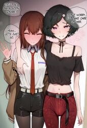 ai_generated before before_blowjob before_sex breasts bulge bulge_through_clothing bulge_under_clothes cheating cheating_girlfriend clothed cuckold dialogue english_text female femboy femboy_on_female femboydom grabbing grabbing_another's_breast grabbing_breasts hand_on_breast imminent_oral imminent_sex imprint loose_belt makise_kurisu male netorare ntr otoko_no_ko pale-skinned_female pale-skinned_male pale_skin penis penis_bulge speech_bubble steins;gate text tights trap urushibara_luka urushibara_ruka