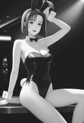 ai_generated best_quality black_leotard bowtie bunny_ears bunny_girl bunny_tail female initial_d light_smile looking_at_viewer masterpiece monochrome natsuki_mogi nightclub open_mouth sexy_pose sitting wrist_cuffs