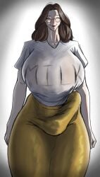 aep127035 big_breasts breasts brown_hair bulge bulge_through_clothing futa_only futanari glasses huge_breasts huge_cock mature_futa milf penis_outline solo solo_futa