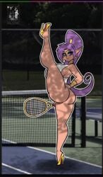 bottomless breasts female haloowl high_heels huge_breasts legs_up pussy scene_shot shantae shantae_(character) standing_split tennis_racket thick_thighs