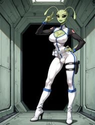 1futa 1girls against_table ai_generated alien alien_girl alien_humanoid antennae_(anatomy) arm_support bald belt black_eyes black_sleeves blue_trim bodysuit bulge cleavage clothed covered_nipples earless eyelashes futanari green_lips green_skin gynomorph hand_on_hip hand_up high_collar high_heel_boots high_heels holster holstered_weapon indoors intersex jimojo knee_boots large_breasts leaning light_smile long_sleeves multicolored_clothing narrow_waist no_ears no_nose no_pupils no_sclera noseless one_hand_up parted_lips salute science_fiction solid_eyes solo stable_diffusion standing thigh_holster two_fingers_up utility_belt white_bodysuit