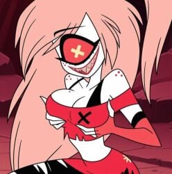 ai_generated big_breasts breasts cherri_bomb cherri_bomb_(hazbin_hotel) demon demon_girl groping groping_breasts groping_self hazbin_hotel one_eye pink_hair ripped_clothing ripped_pants succubus x_pupils