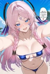 1girls ai_generated armpits beach bikini blush breasts citlali_(genshin_impact) english_text female gayuchi genshin_impact happy hi_res medium_breasts micro_bikini pink_hair pov smile solo talking_to_viewer