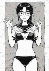 ai_generated beach_background beach_blanket black_bikini black_bikini_top breasts cowboy_shot female glasses initial_d light_smile looking_at_viewer manga manga_style monochrome navel on_back serafuku shiraishi waving