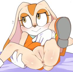 2018 4_fingers amber_eyes anthro anus blush clothing cream_the_rabbit cub dress female gloves hua hua113 lagomorph legs_up looking_aside lying mammal on_back presenting pussy rabbit raised_skirt simple_background solo sonic_(series) spread_legs spreading sweat white_background young