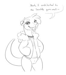 anthro aubrey_(halbean) biped bottomless bottomless_anthro bottomless_female clothed clothing english_text female genitals halbean hi_res mammal monochrome mustelid open_mouth open_smile otter pussy smile solo tail text