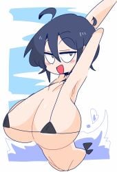 30th_video_rentals :d ahoge armpits arms_behind_head big_breasts big_breasts bikini_top black_bikini black_hair blush blush gigantic_breasts huge_boobs huge_breasts hyper hyper_breasts indie_virtual_youtuber kataochi_chuuko large_boobs large_breasts looking_at_viewer micro_bikini nakako_kataochi short_hair smug stretching upper_body virtual_youtuber vtuber