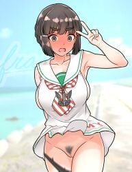 1girls absurdres alternate_costume beach black_hair black_panties blue_sky breasts brown_eyes cloud cosplay day dress embarrassed female female_only furaggu_(frag_0416) highres kantai_collection large_breasts libeccio_(kantai_collection) libeccio_(kantai_collection)_(cosplay) myoukou_(kantai_collection) neckerchief outdoors outside panties panty_pull pubic_hair red_neckerchief sailor_collar sailor_dress short_hair sky sleeveless sleeveless_dress solo solo_female standing striped_neckerchief underwear v white_dress white_sailor_collar