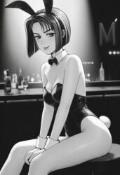 ai_generated best_quality black_leotard bowtie bunny_ears bunny_girl bunny_tail female initial_d light_smile looking_at_viewer masterpiece monochrome natsuki_mogi nightclub open_mouth sexy_pose sitting wrist_cuffs