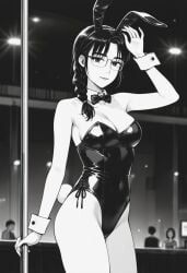 ai_generated best_quality black_and_white_manga_style black_leotard bowtie bunny_ears bunny_girl bunny_tail cowboy_shot female glasses initial_d light_smile looking_at_viewer manga manga_style masterpiece monochrome nightclub performing_seductively seductive_look seductive_smile serafuku shiraishi stripper_pole wrist_cuffs