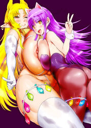 2girls back_view bare_shoulders bell big_breasts blonde_hair blush busty closed_eyes condom curvy elbow_gloves erect_nipple erect_nipples eyelashes fake_animal_ears female female_only front_view gloves horn human humanoid leotard long_hair looking_at_viewer looking_back mozu-k multiple_females multiple_girls nipple_slip one-eye_closed open_mouth original_character ourglass_figure pose posing purple_hair red_eyes shiny shiny_skin simple_background standing tongue_out very_long_hair voluptuous white_gloves wide_hips wink yellow_eyes yellow_hair