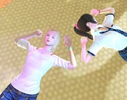 2girls 3d allison_snow american_female asian_female clothing female_focus hikari_miyamoto japanese_female misspussyfan namco school_uniform short_hair sleeping summer_lesson unconscious xnalara