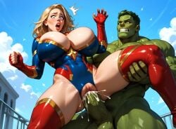 1boy 1girls ai ai_art ai_assisted ai_generated big_breasts breasts carol_danvers cum cum_in_pussy cum_inside fucked_from_behind giant_breasts gigantic_breasts huge_breasts hulk legs_apart legs_spread marvel marvel_comics ms._marvel sex spread_legs tits_bigger_than_head