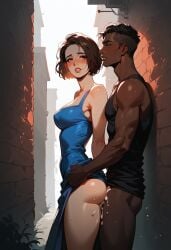 1boy ai_generated alleyway blue_dress dark-skinned_male female groping interracial jill_valentine resident_evil resident_evil_3 resident_evil_3_remake short_hair