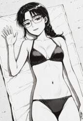 ai_generated beach_background beach_blanket black_bikini black_bikini_top blush cowboy_shot female glasses initial_d light_smile looking_at_viewer manga manga_style monochrome navel on_back serafuku shiraishi waving