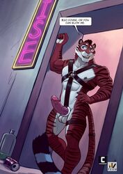 anthro balls cock_ring comic felid gay harness humanoid_penis karnal leather male male_only mammal muscular nexus pantherine penis pinup pose smile solo strip_club tiger