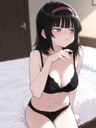 1girls ai_generated anime anime_style bed bedroom black_hair blush bra breasts cleavage female female_only hairband light-skinned_female light_skin medium_hair original original_character panties petite petite_body pout pussy_juice pussy_juice_drip shy underwear young