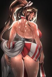 ass brown_hair capcom fatal_fury fidget4827 king_of_fighters looking_back looking_back_at_viewer looking_over_shoulder mai_shiranui muscular muscular_female panties partially_clothed red_eyes snk solo solo_female solo_focus street_fighter street_fighter_6 sweat sweatdrop sweating thin_panties