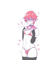 1boy abs androgynous blushing bulge canon_crossdressing choker crossdressing elbow_gloves femboy fingerless_gloves girly heart hibiki_yuuta male male_only nagano_rira panties panty_bulge pink_hair sissy solo ssss.gridman thighhighs trap unlila