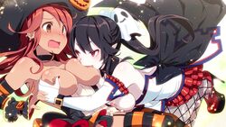 2girls areolae ashamed black_hair breast_grab breast_sucking breasts brown_eyes dark-skinned_female dark_skin female female_only fishnet_stockings halloween heels inma miyu_de_lioncourt multiple_girls nipples partially_clothed red_eyes red_hair sabrina_device sakura_halloween surprised winged_cloud yuri