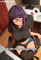 above_view ai_assisted ai_generated black_panties black_shirt blush colored computer_keyboard computer_monitor computer_mouse condom condom_wrapper date fern_(sousou_no_frieren) frieren_beyond_journey's_end jeans_shorts khylejr shy sitting_on_chair sousou_no_frieren violet_eyes violet_hair