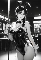 ai_generated best_quality black_and_white_manga_style black_leotard bowtie bunny_ears bunny_girl bunny_tail cowboy_shot female glasses initial_d light_smile looking_at_viewer manga manga_style masterpiece monochrome nightclub performing_seductively seductive_look seductive_smile serafuku shiraishi stripper_pole wrist_cuffs