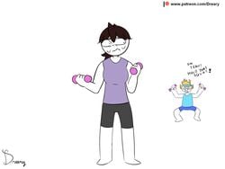 1boy 1girls clothed concerned concerned_look dreary drool drooling exercise female female_focus gym_clothes gym_clothing gym_shirt gym_shorts jaiden jaiden_animations jaidenanimations looking_at_another male sweat sweating tease weights white_skin youtube youtuber