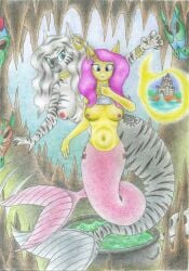 2girls alternate_species anthro breasts female fluttershy_(mlp) friendship_is_magic hans_christian_andersen hasbro large_breasts marine medium_breasts mermaid mermaid_tail my_little_pony navel nipples nude ocean pony sea sinaherib small_breasts tail the_little_mermaid traditional_media underwater water zebra zecora_(mlp)